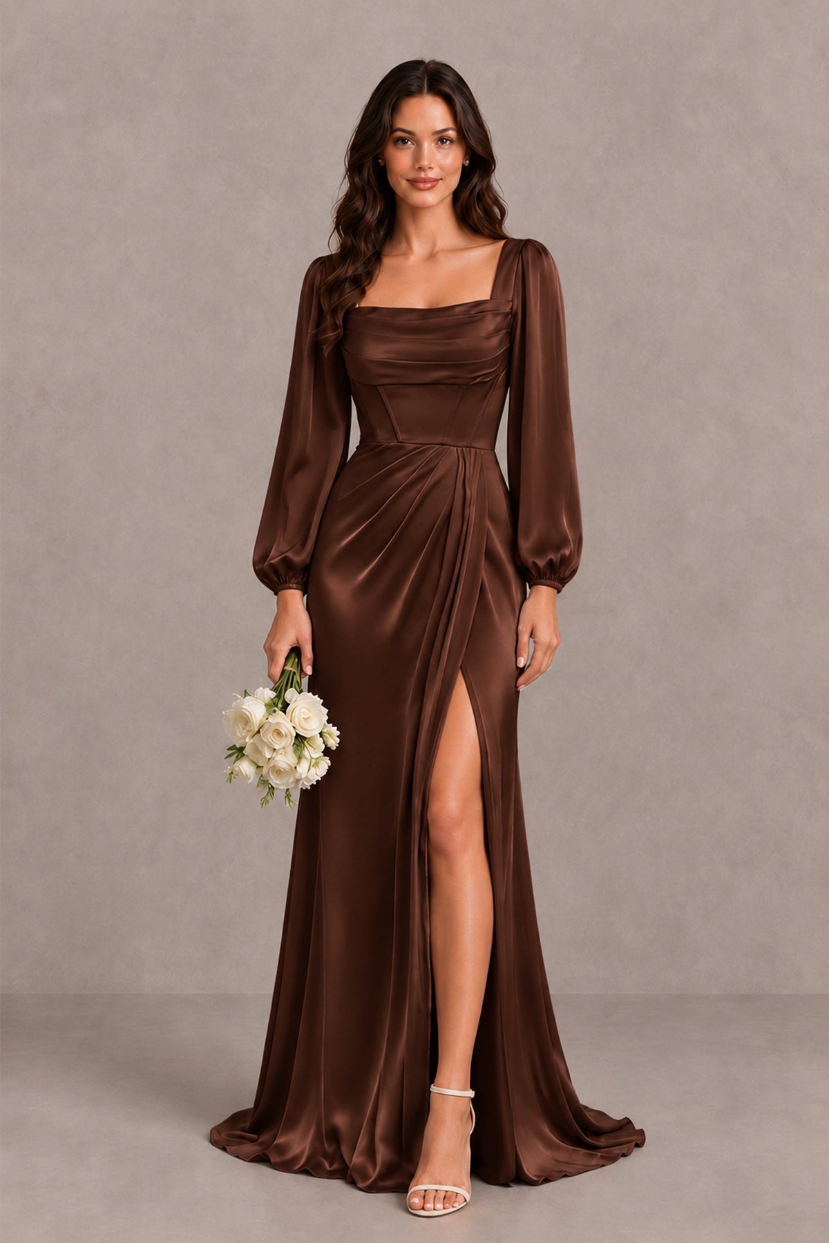 BOLODOO Chocolate Satin-Look Long Sleeve Evening Dress with High Slit - Chocolate - Chocolate_1