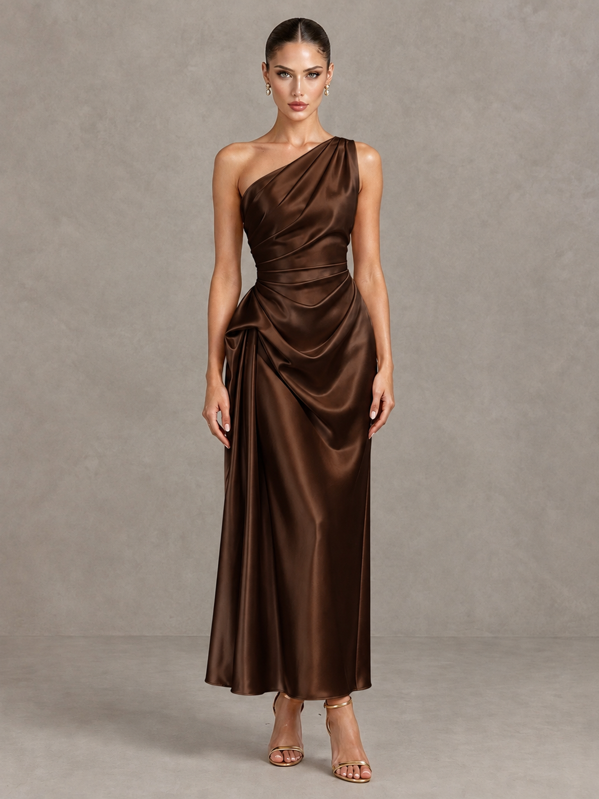 BOLODOO Chocolate One Shoulder Satin Cocktail Dress with Draped A-Line Skirt - Chocolate - Chocolate_1