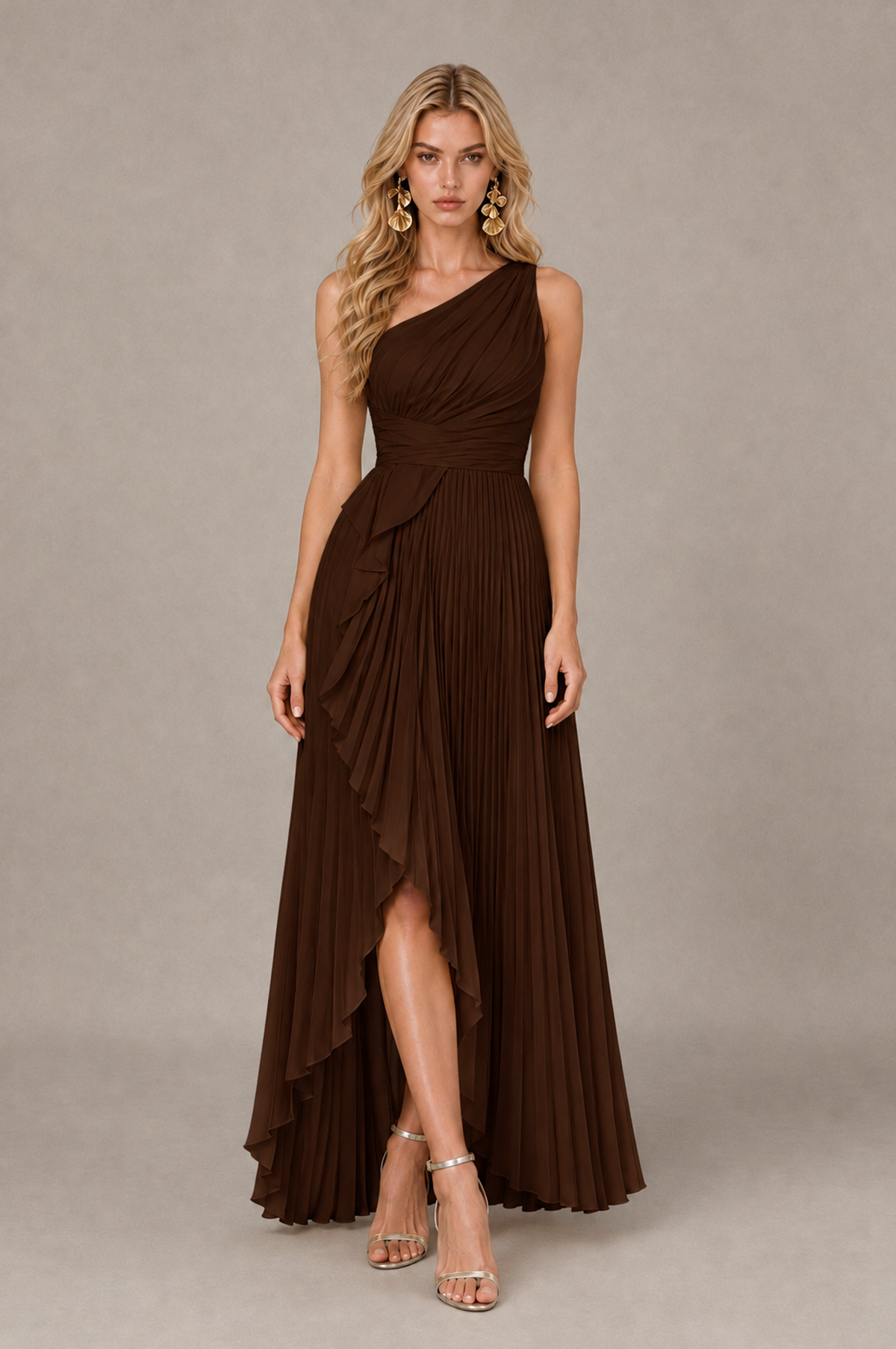 BOLODOO Chocolate One-Shoulder High-Low Ruffle Maxi Dress - Chocolate - Chocolate_1
