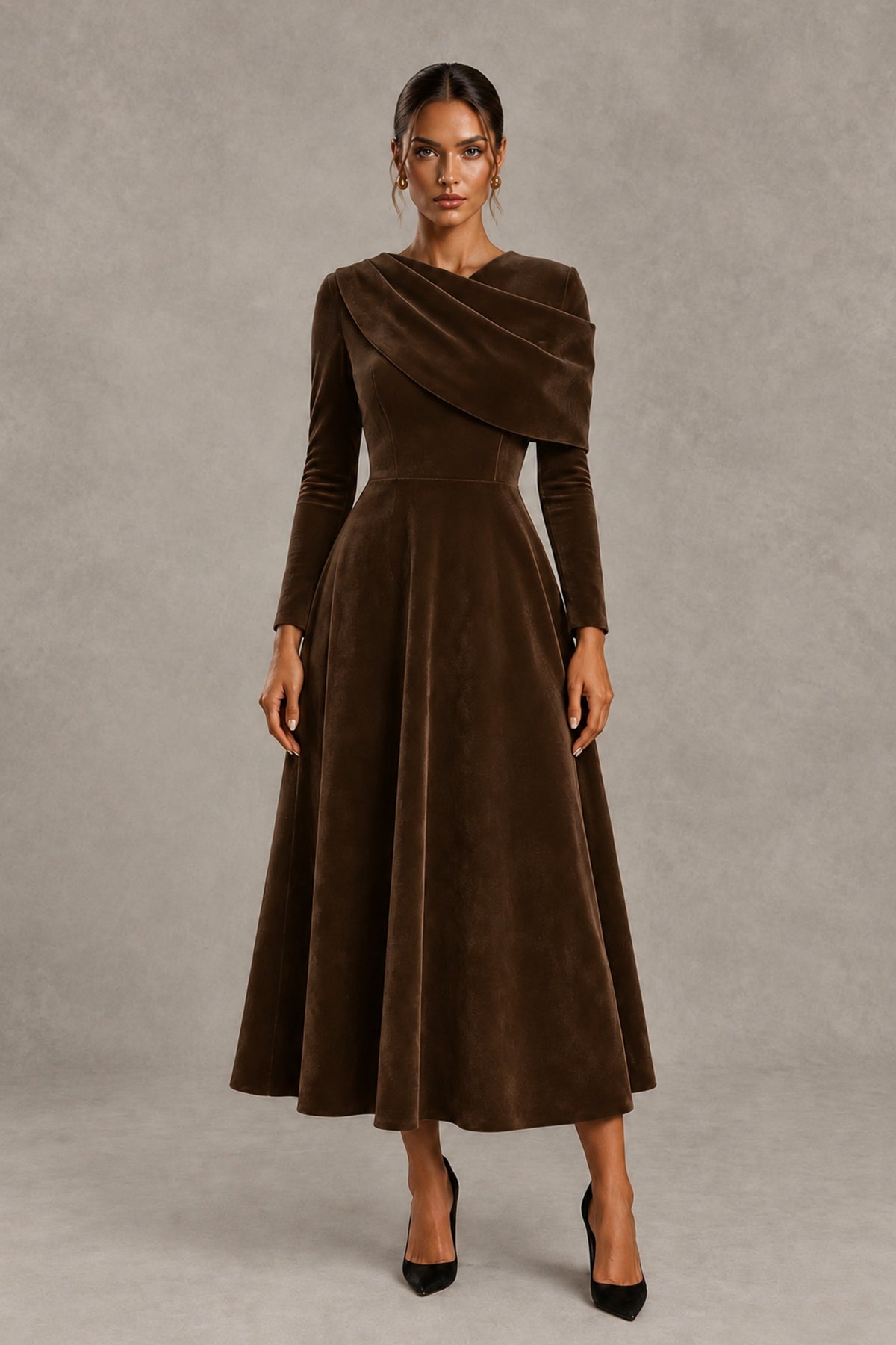 BOLODOO Chocolate Velvet-Look Long Sleeve Tea-Length A-Line Dress with Draped Neckline - Chocolate - Chocolate_1
