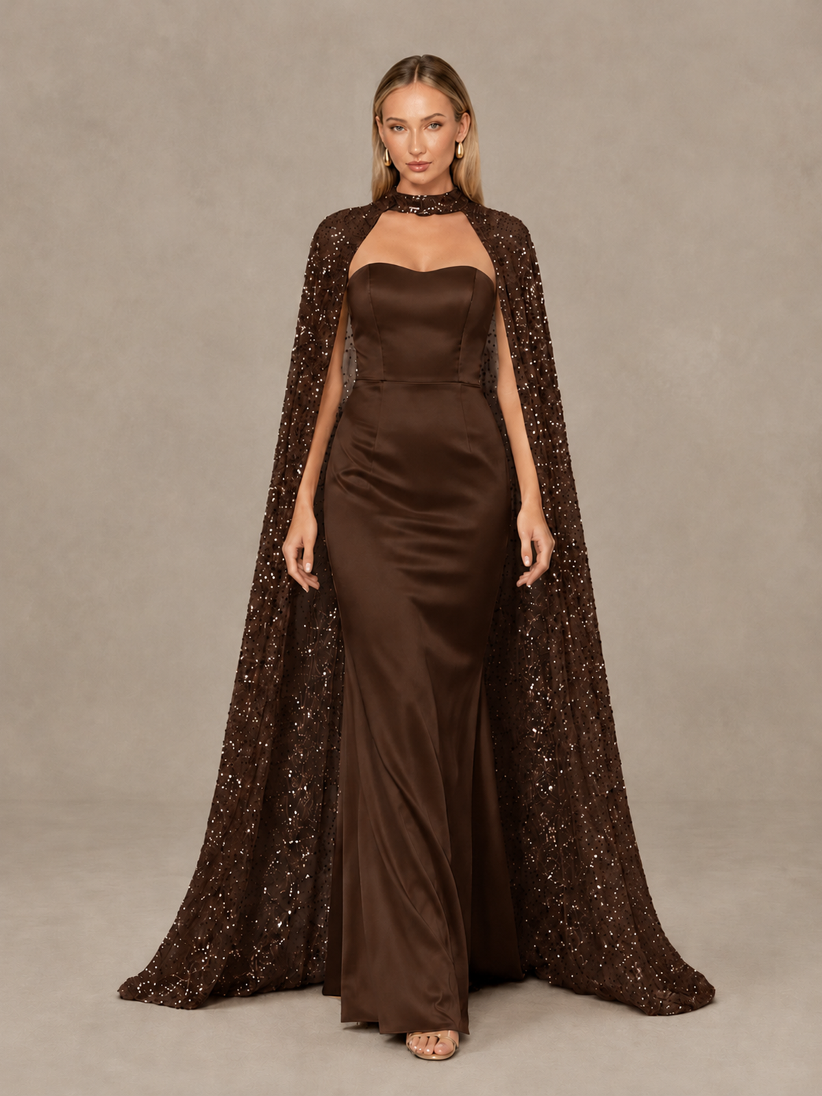 BOLODOO Chocolate Strapless Satin-Look Evening Gown with Sequin Cape - Chocolate - Chocolate_1