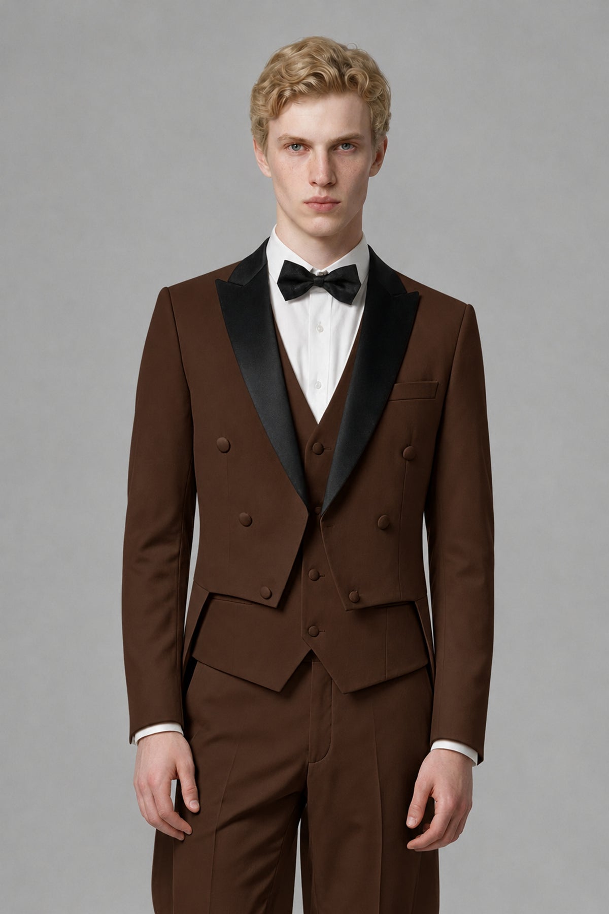 Bolodoo Men's Chocolate 3-Piece Tailcoat Tuxedo Suit with Vest & Trousers - Chocolate - Chocolate_1