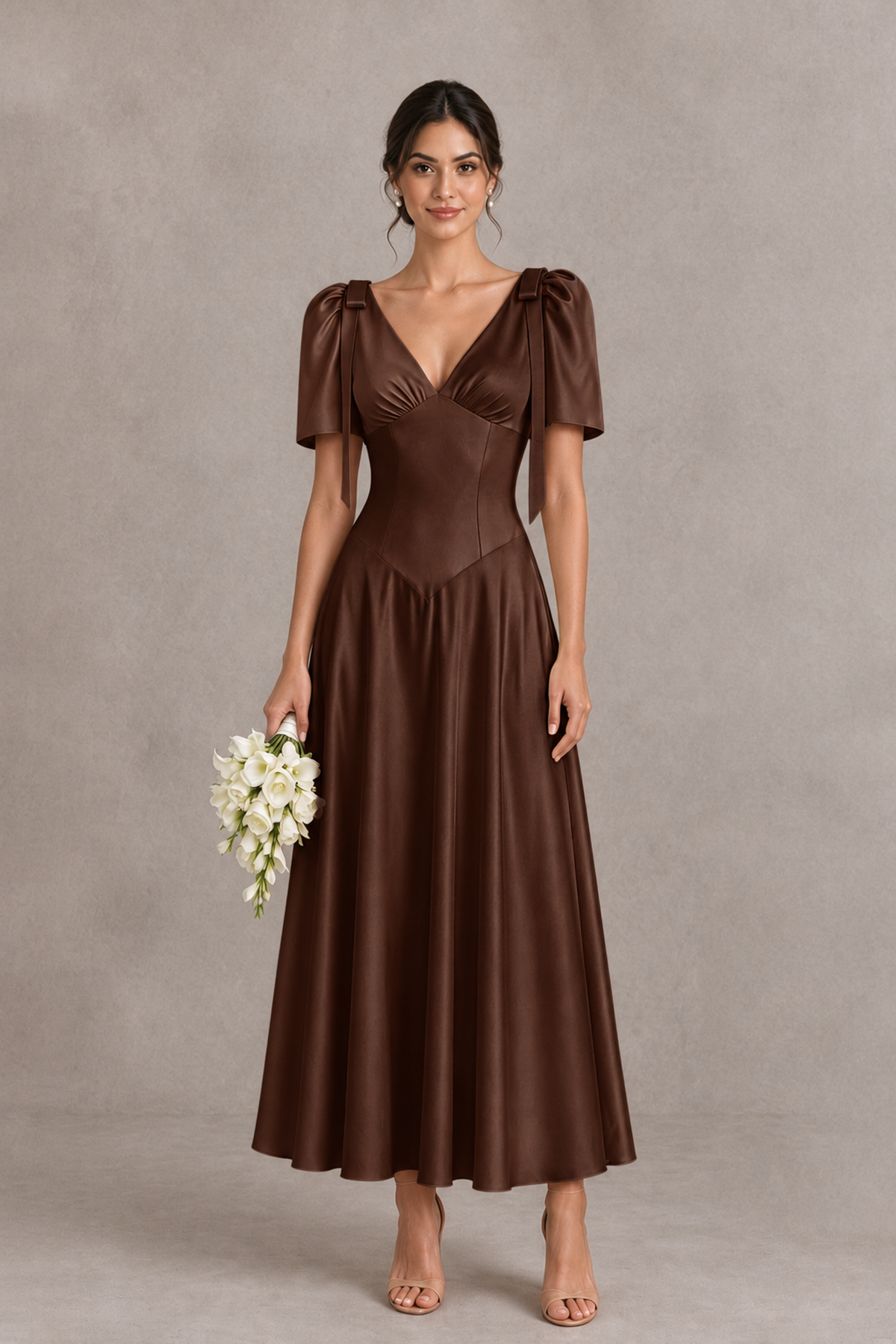 BOLODOO Chocolate V-Neck Short Sleeve Satin-Look Bridesmaid Dress with Shoulder Bows - Chocolate - Chocolate_1