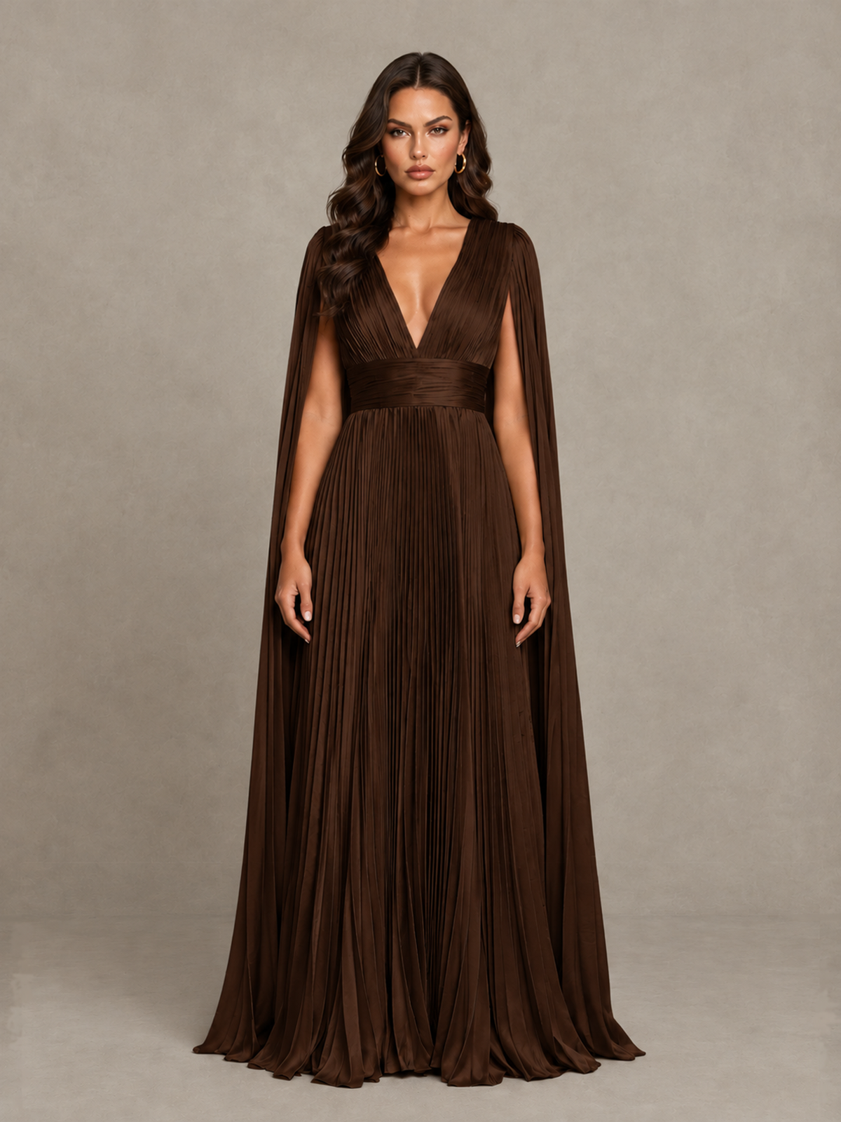 BOLODOO Chocolate Deep V-Neck Pleated Cape Sleeve Evening Gown - Chocolate - Chocolate_1