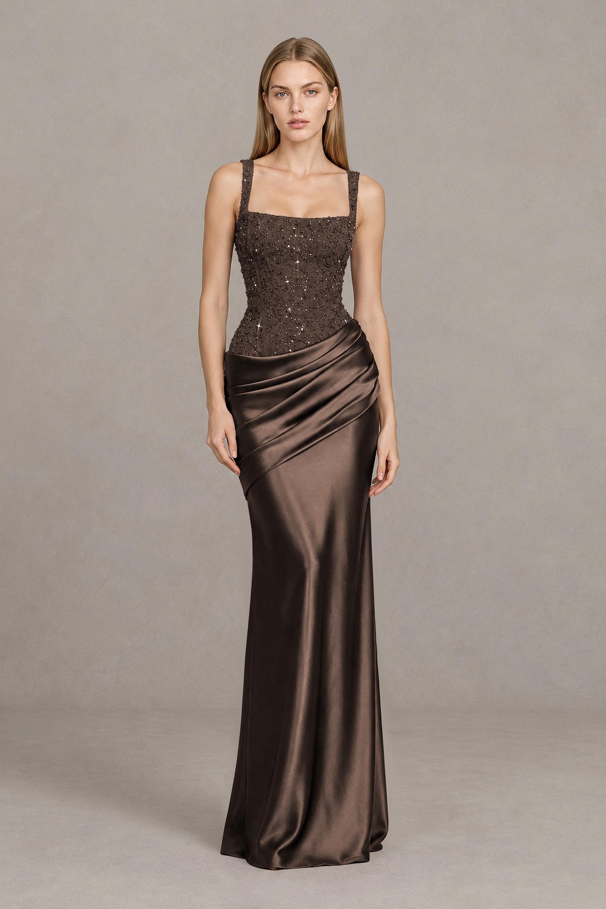 BOLODOO Chocolate Square Neck Embellished Satin Evening Gown - Chocolate