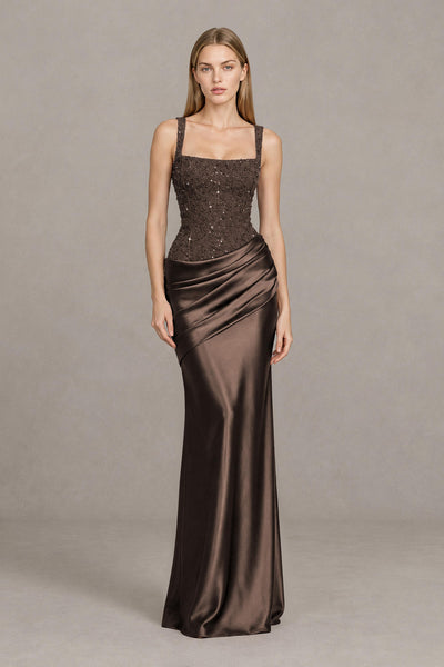 BOLODOO Chocolate Square Neck Embellished Satin Evening Gown - Chocolate