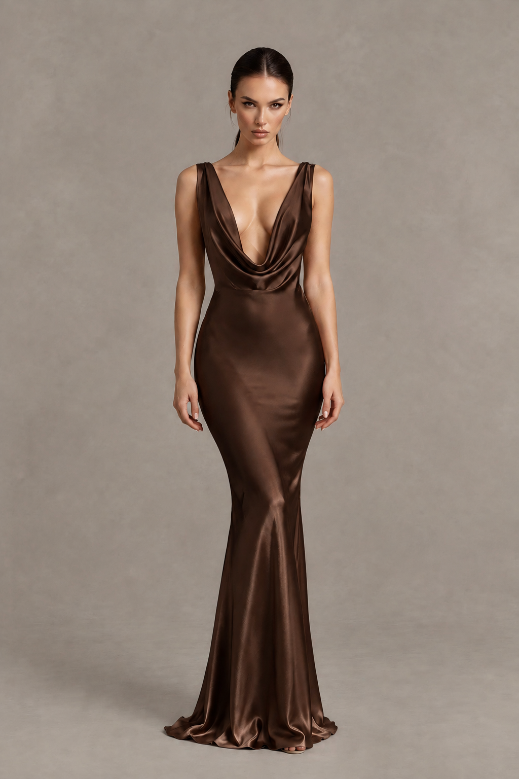 BOLODOO Chocolate Cowl Neck Backless Satin Mermaid Evening Dress - Chocolate - Chocolate_1