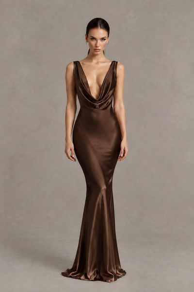 BOLODOO Chocolate Cowl Neck Backless Satin Mermaid Evening Dress - Chocolate - Chocolate_1