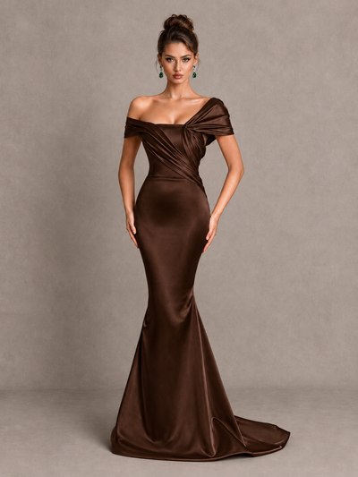 BOLODOO Chocolate Off-Shoulder Satin Mermaid Prom Dress - Chocolate - Chocolate_1