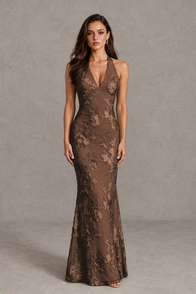 BOLODOO Chocolate Floral Jacquard Halter Maxi Dress - Chocolate - Chocolate(1)