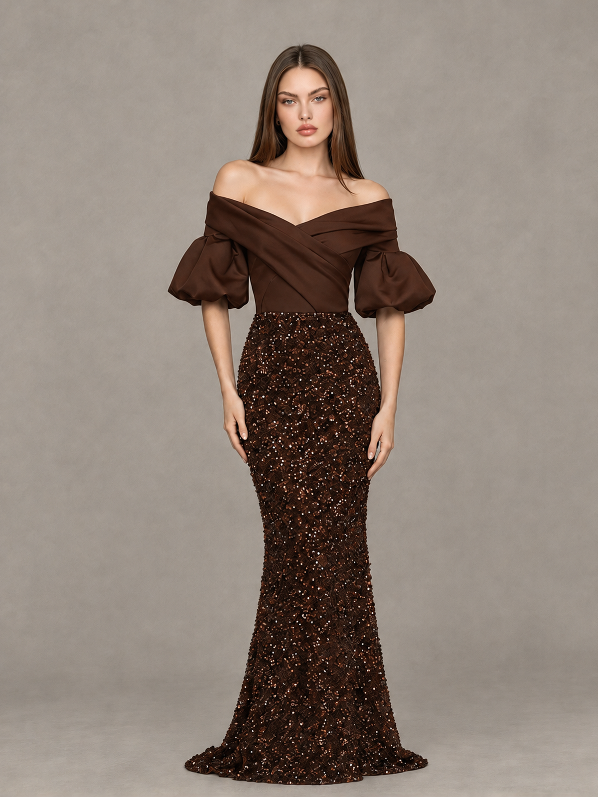 BOLODOO Chocolate Off-Shoulder Puff Sleeve Sequin Mermaid Evening Dress - Chocolate - Chocolate_1