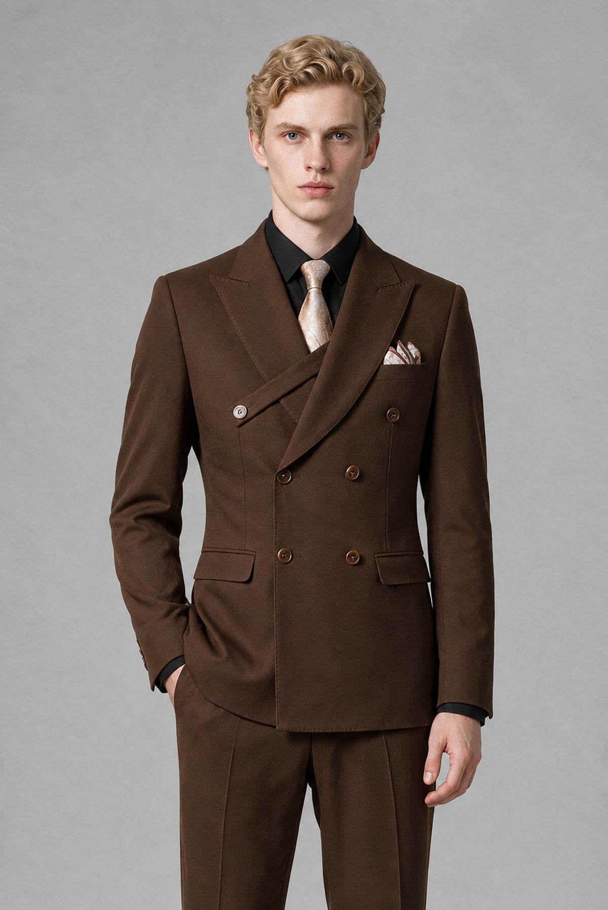 BOLODOO Men's Chocolate Double-Breasted Two-Piece Suit – Jacket & Trousers - Chocolate