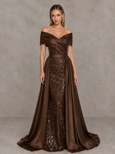 BOLODOO Chocolate Sequin Mermaid Evening Dress with Detachable Satin Overskirt and Sweep Train - Chocolate - Chocolate_1