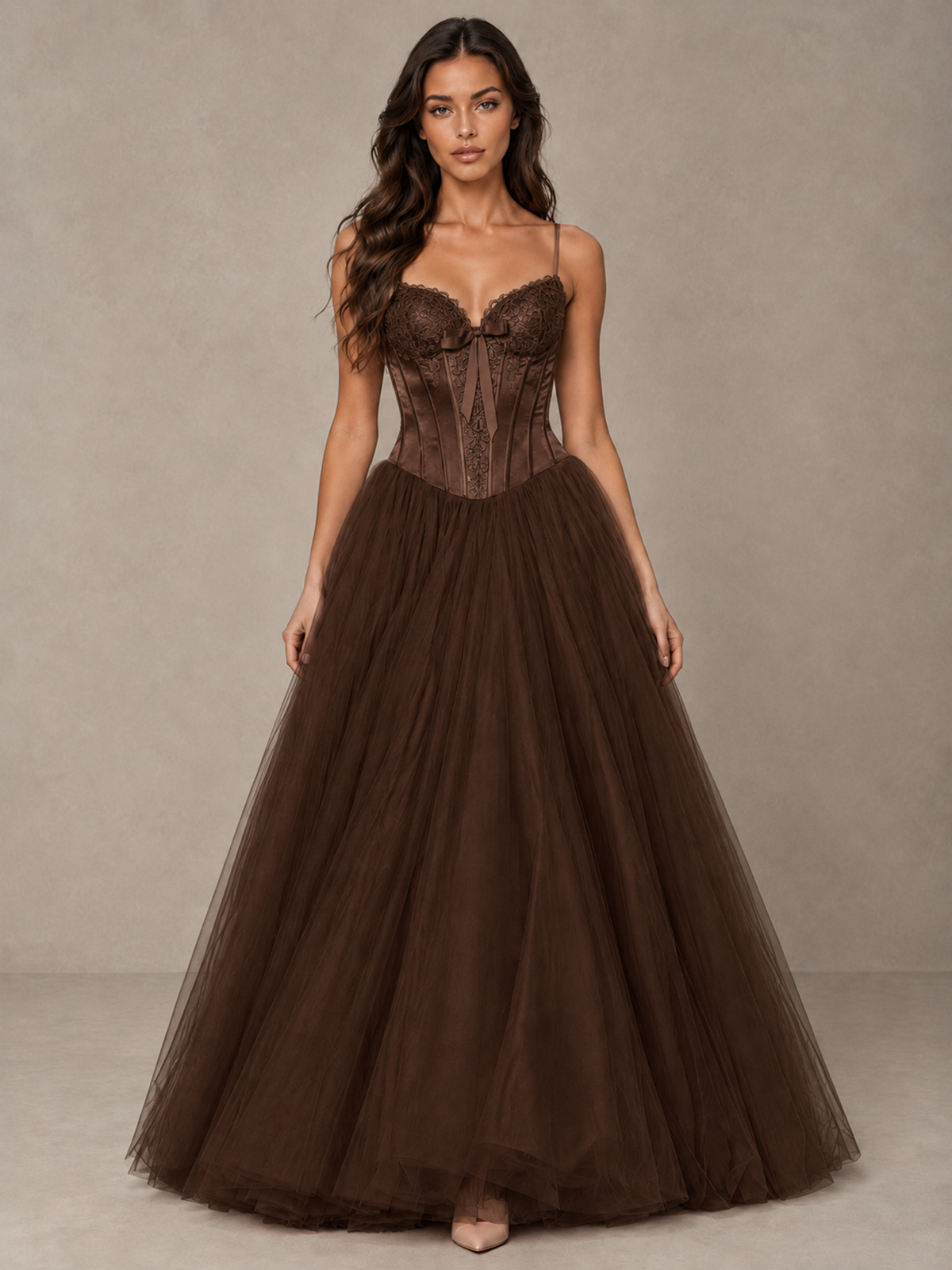 BOLODOO Chocolate Corset Tulle Prom Dress with Spaghetti Straps - Chocolate - Chocolate_1
