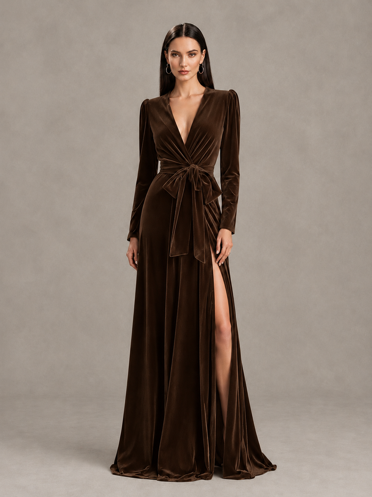 BOLODOO Chocolate Long Sleeve Velvet-Look Evening Dress with High Slit - Chocolate - Chocolate_1