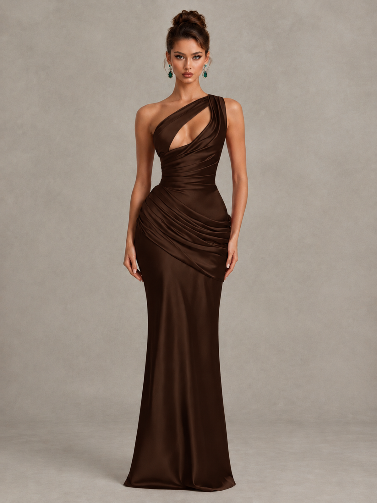 BOLODOO Chocolate One-Shoulder Cutout Satin Mermaid Prom Dress - Chocolate - Chocolate_1