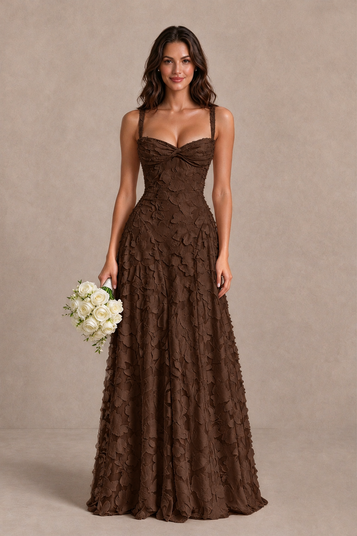 BOLODOO Chocolate Floral-Textured A-Line Dress with Lace-Up Back - Chocolate - Chocolate_1