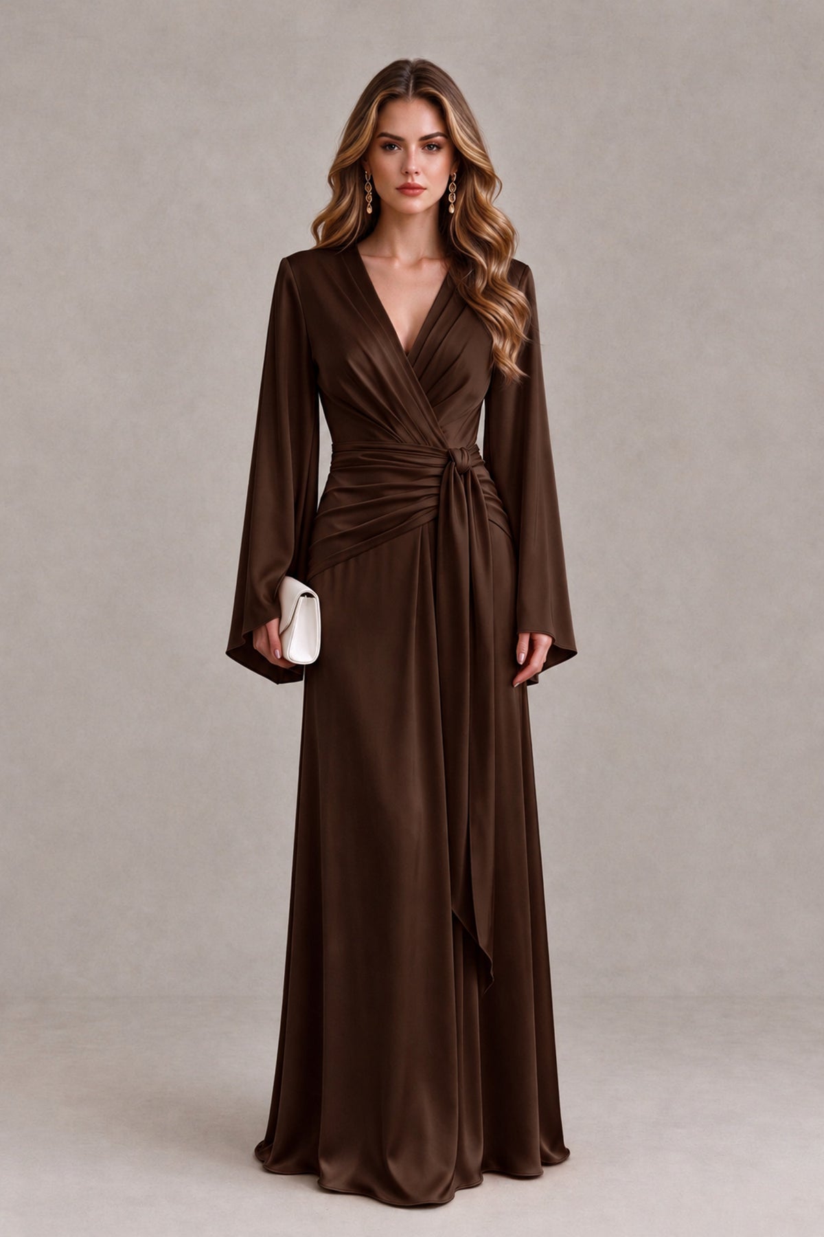 BOLODOO Chocolate Yellow Satin-Look V-Neck Long Bell Sleeve Evening Dress - Chocolate - Chocolate_1