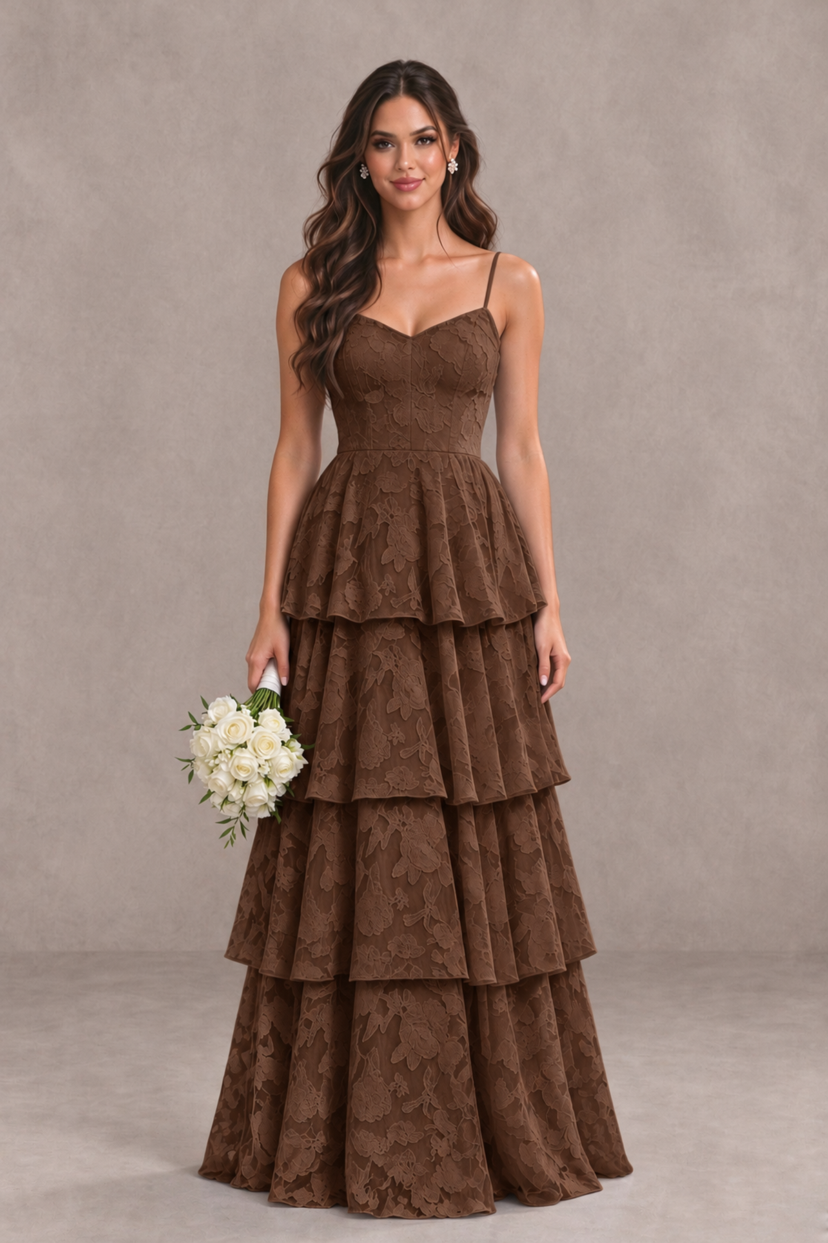 BOLODOO Chocolate Tiered Floral-Textured Spaghetti Strap Maxi Dress - Chocolate - Chocolate_1
