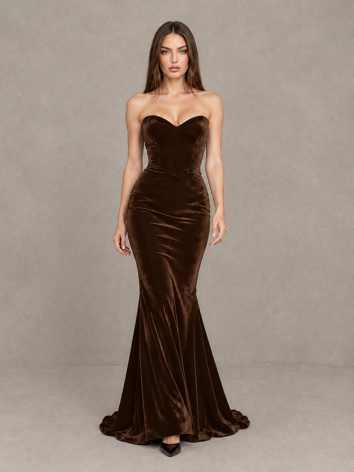 BOLODOO Chocolate Strapless Sweetheart Velvet-Look Mermaid Evening Dress - Chocolate - Chocolate_1