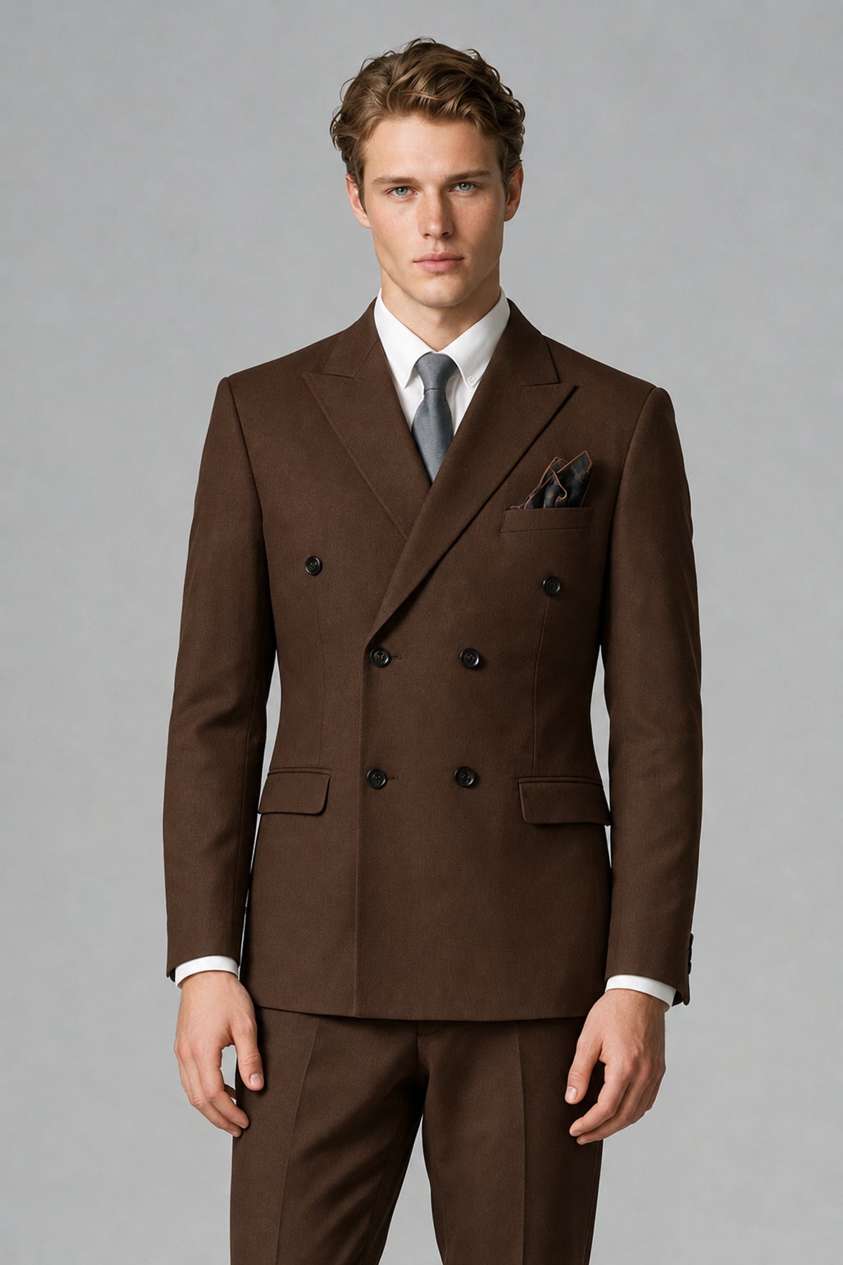 Bolodoo Men's Chocolate Double-Breasted Two-Piece Suit with Peak Lapels - Chocolate - Chocolate_1