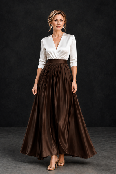 BOLODOO Chocolate and White V-Neck A-Line Mother of the Bride Dress - Chocolate - Chocolate_1