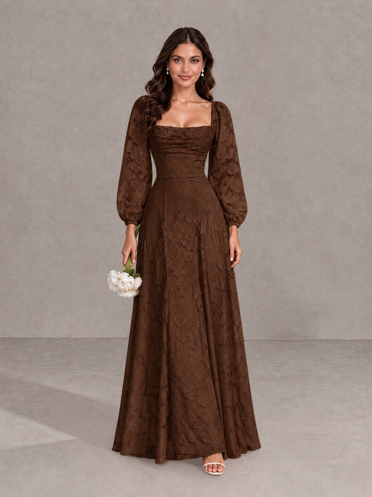 BOLODOO Chocolate Floral Long Sleeve A-Line Bridesmaid Dress - Chocolate - Chocolate_1
