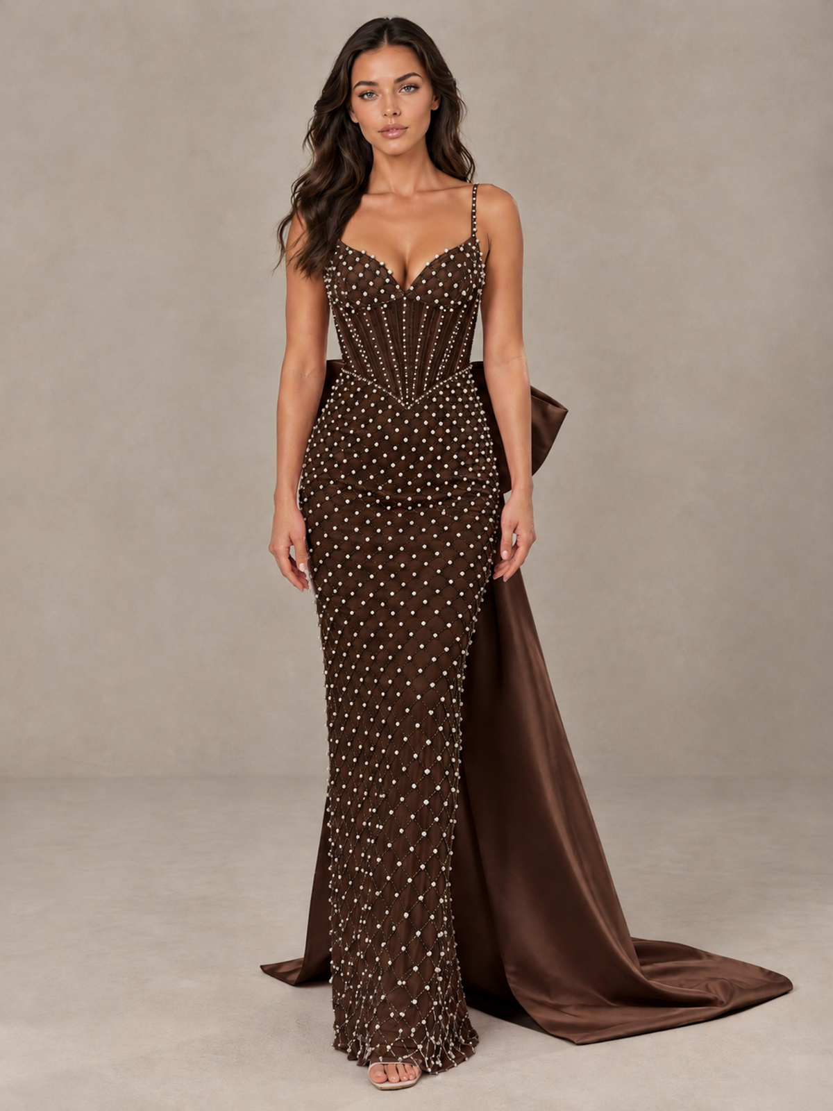 BOLODOO Chocolate Beaded Corset Prom Dress with Bow Train - Chocolate - Chocolate_1