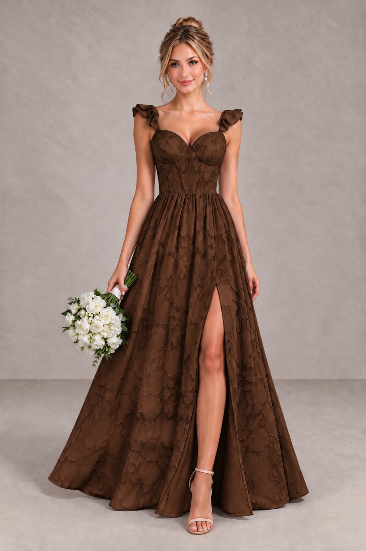 BOLODOO Chocolate Floral A-Line Bridesmaid Dress with Slit Ruffle Straps Maxi Gown - Chocolate - Chocolate_1