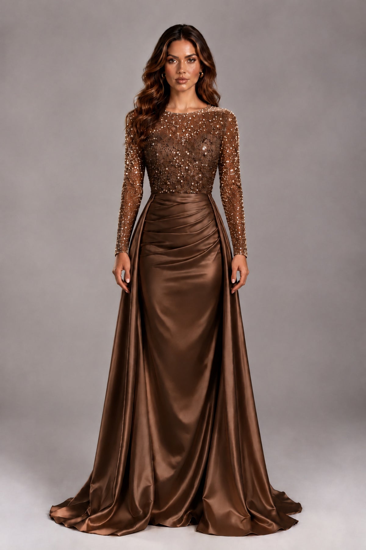 BOLODOO Chocolate Long Sleeve Embellished Satin Evening Gown with Sweep Train - Chocolate - Chocolate_1