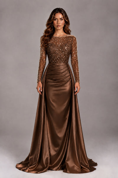 BOLODOO Chocolate Long Sleeve Embellished Satin Evening Gown with Sweep Train - Chocolate - Chocolate_1