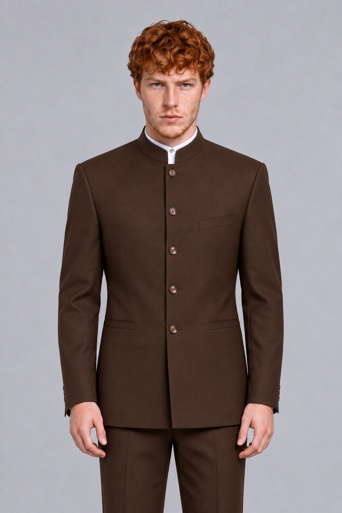 BOLODOO Men's Chocolate Mandarin Collar Two-Piece Suit - Chocolate - Chocolate_1