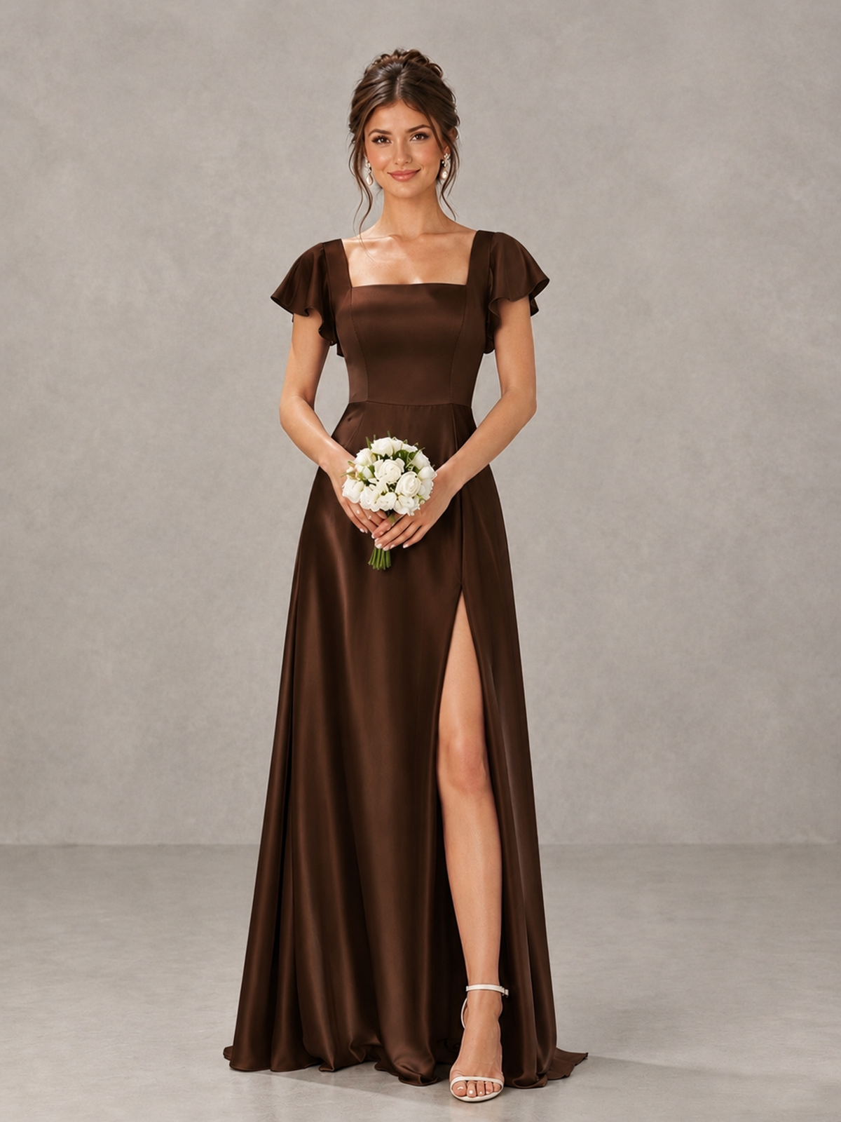 BOLODOO Chocolate Satin Square Neck Flutter Sleeve A-Line Bridesmaid Dress with Slit - Chocolate - Chocolate_1