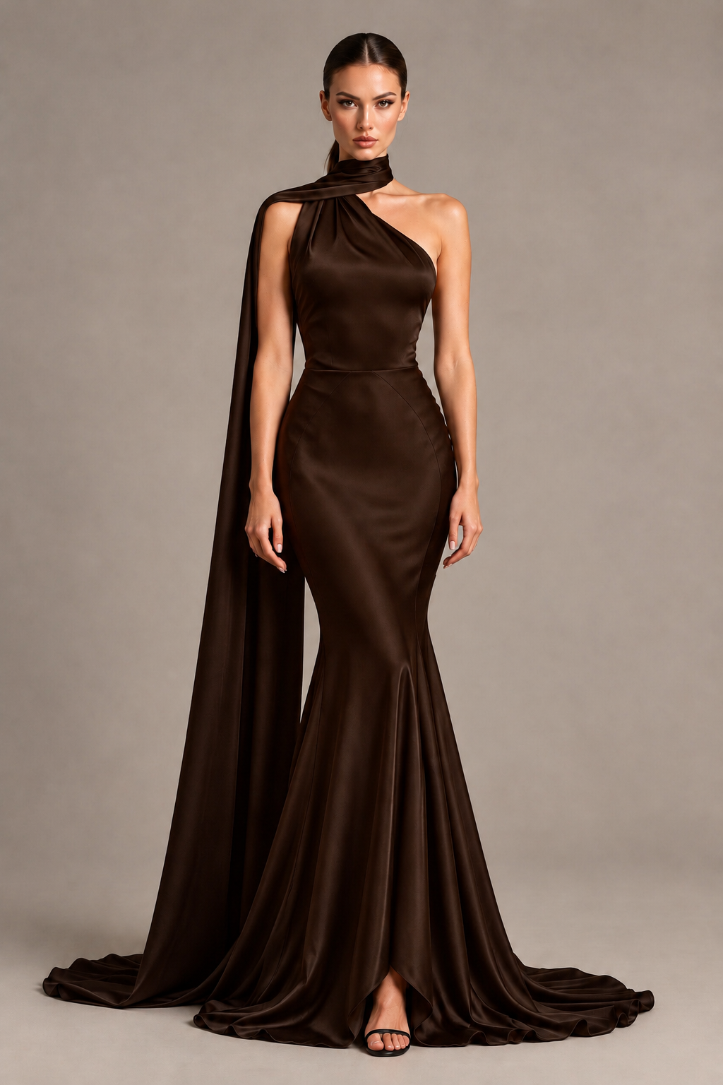 BOLODOO Chocolate One-Shoulder Satin Mermaid Evening Dress with Scarf - Chocolate - Chocolate_1