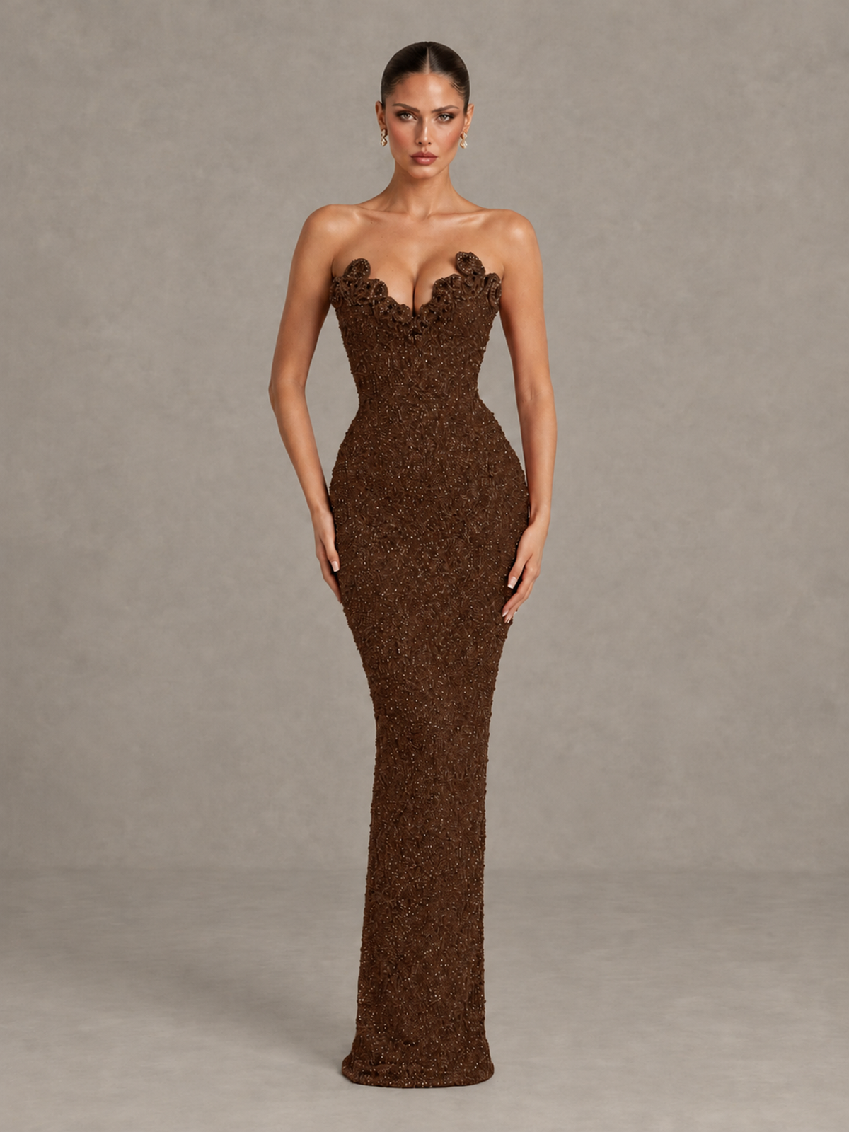 BOLODOO Chocolate Strapless Sequin Evening Gown with Floral Neckline - Chocolate - Chocolate_1