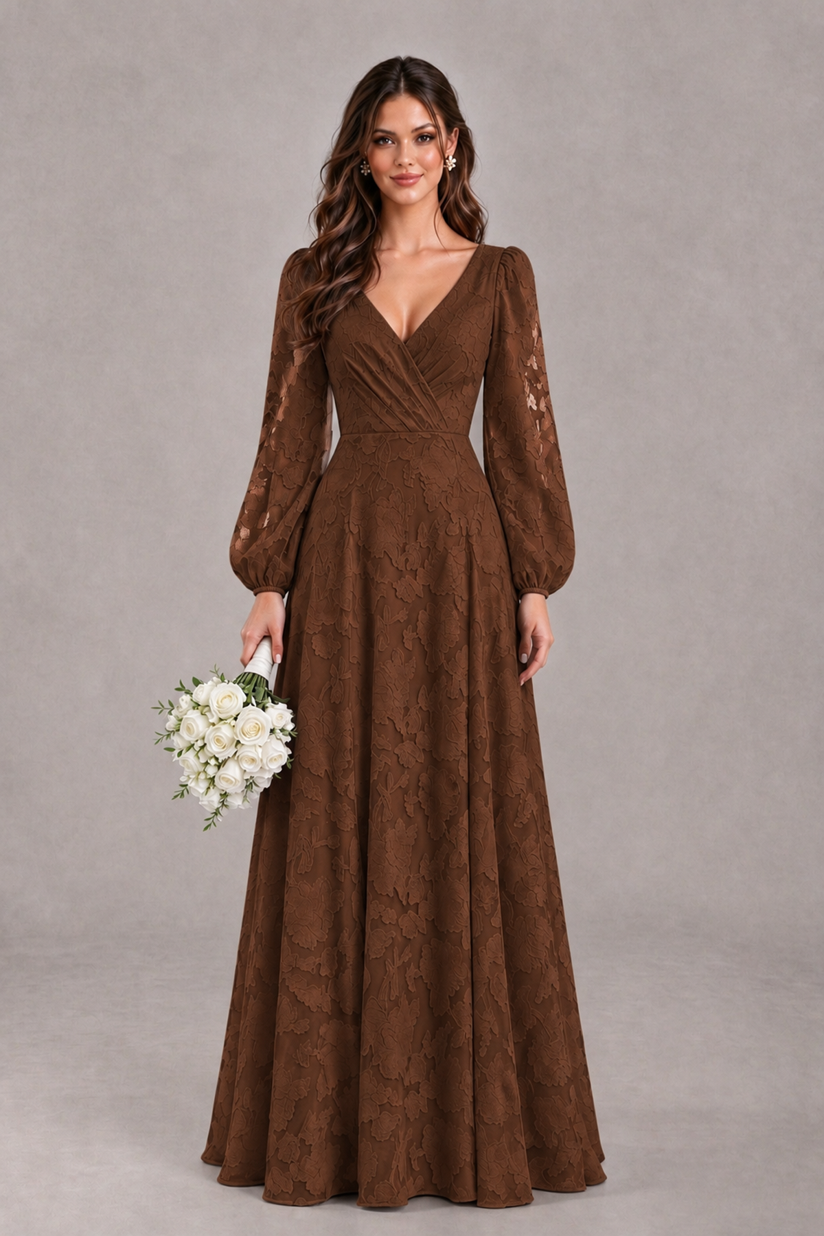 BOLODOO Chocolate Long Sleeve V-Neck A-Line Mother of the Bride Dress - Chocolate - Chocolate_1