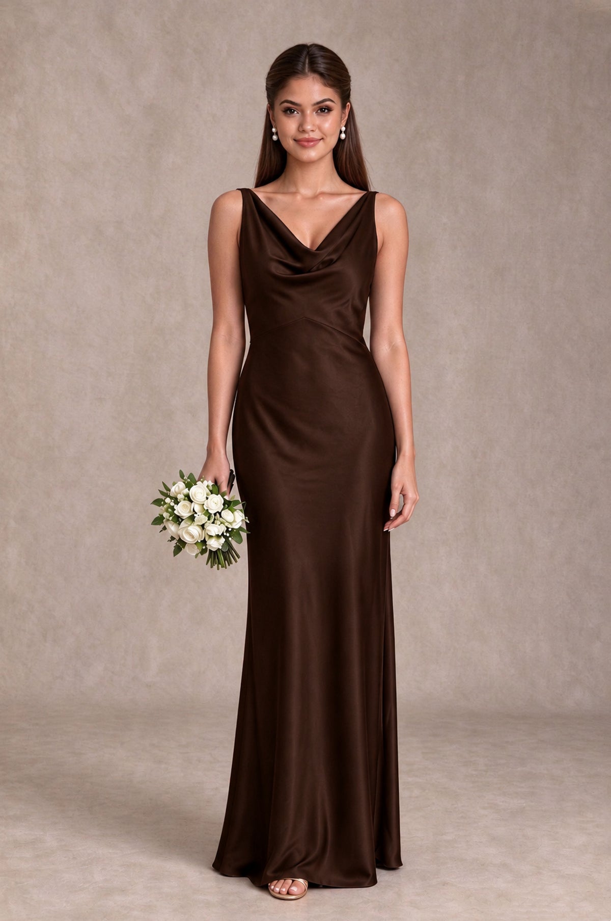 BOLODOO Chocolate Cowl Neck Open Back Satin Bridesmaid Dress - Chocolate - Chocolate_1