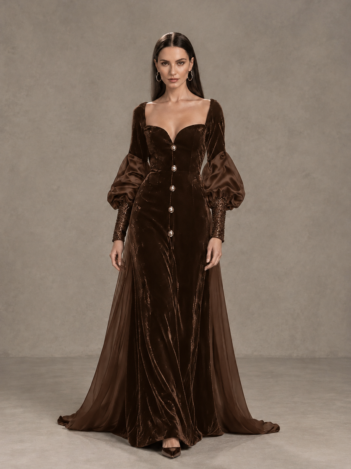 BOLODOO Chocolate Velvet Long Sleeve Open-Back Evening Gown - Chocolate - Chocolate_1