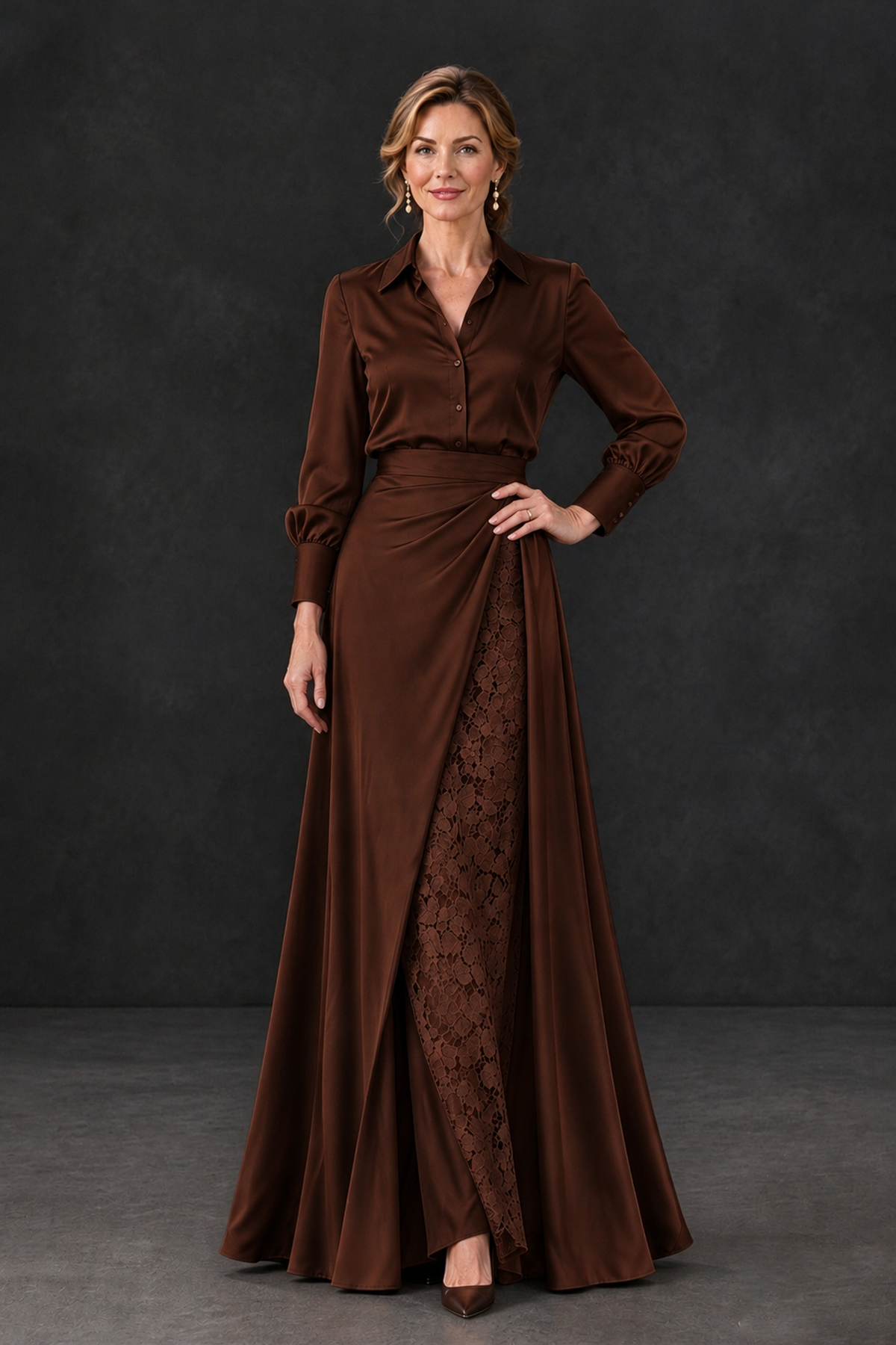 BOLODOO Chocolate Long Sleeve Satin-Look Lace Panel Gown - Chocolate - Chocolate_1
