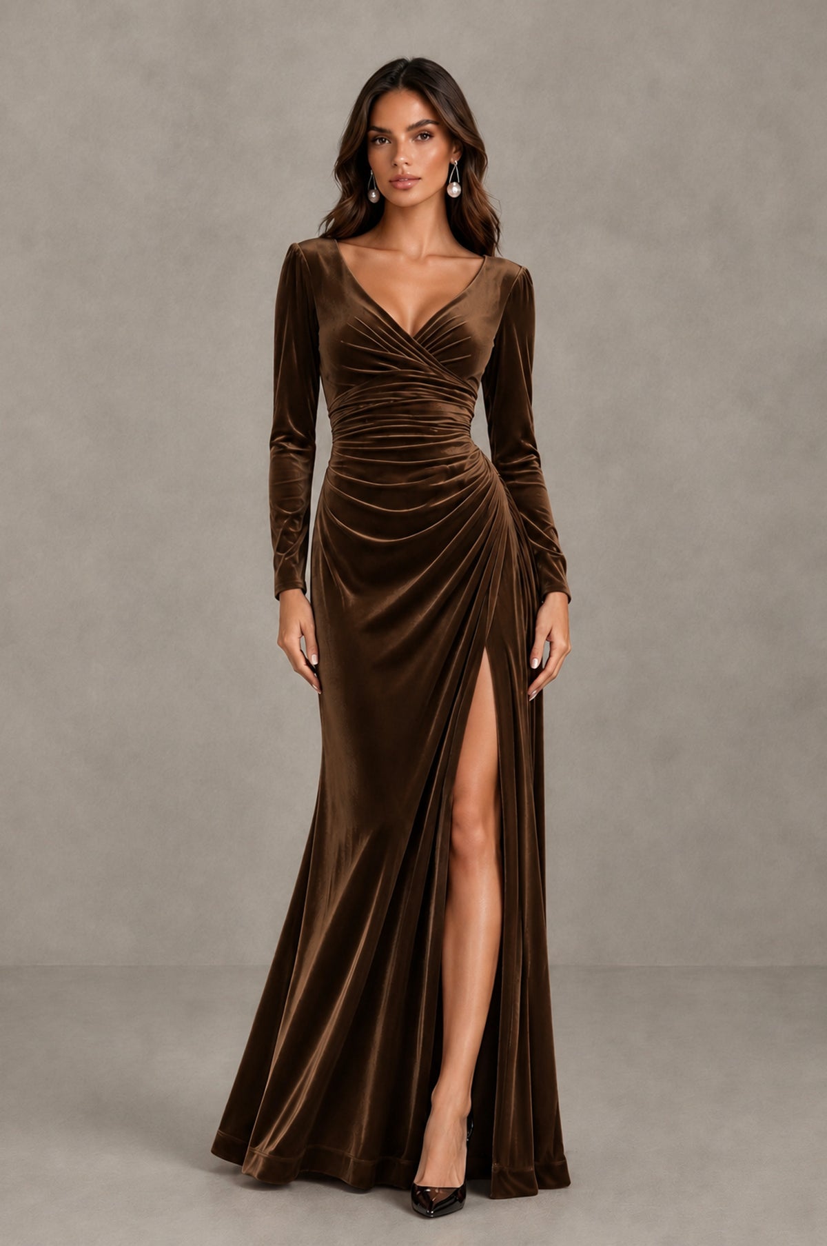 BOLODOO Chocolate Long Sleeve V-Neck Ruched Velvet Formal Dress - Chocolate - Chocolate_1