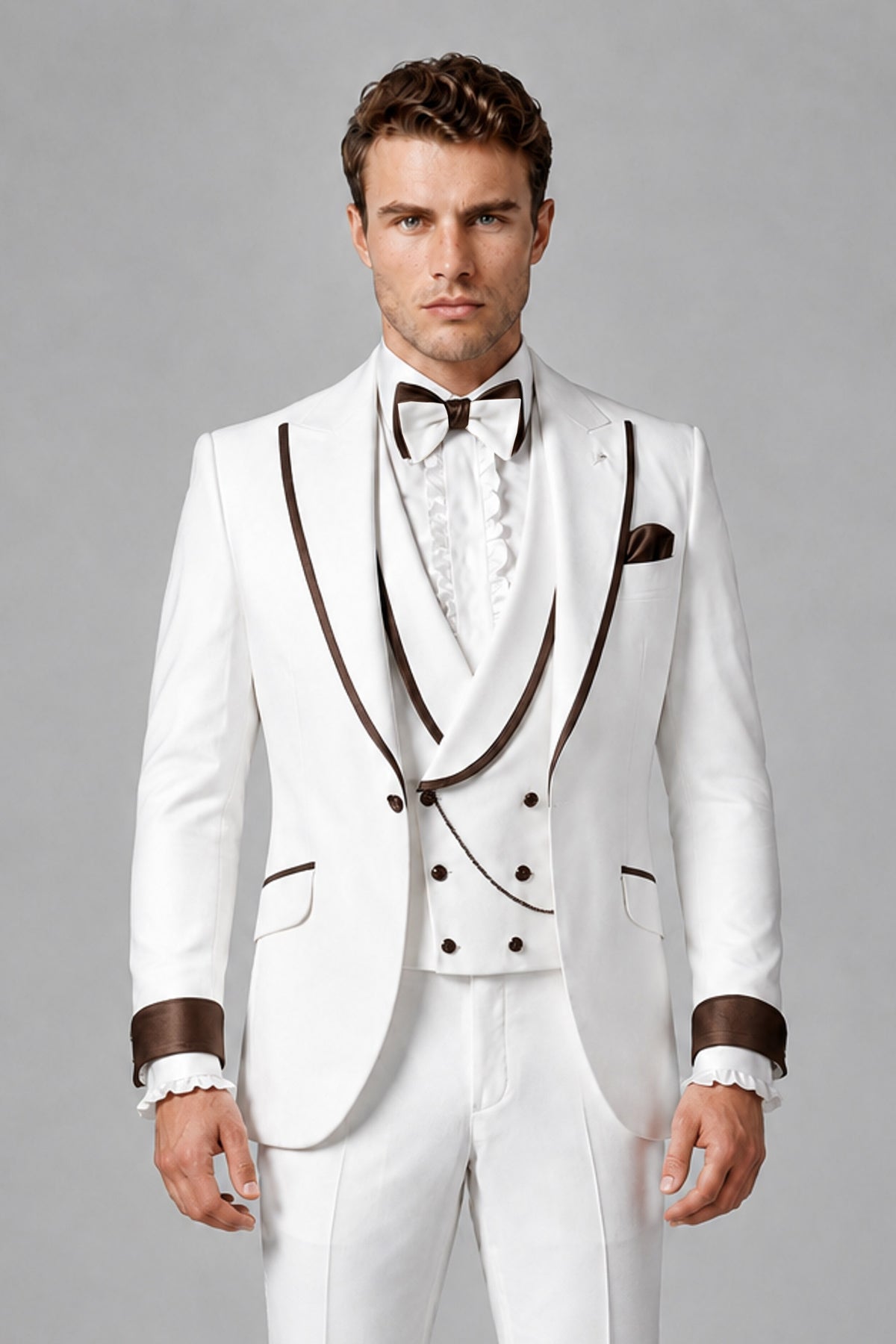 Bolodoo Men's White and Chocolate Three-Piece Wedding Tuxedo Suit - Chocolate - Chocolate_1