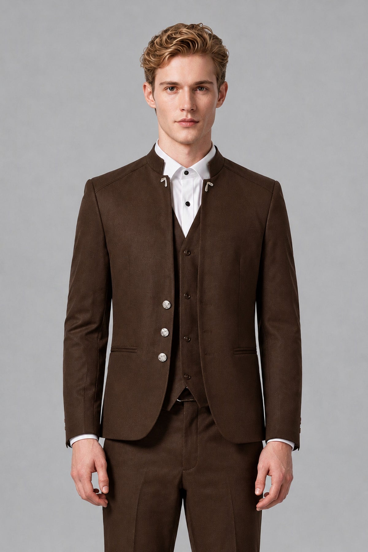 Bolodoo Men's Chocolate Mandarin Collar 3-Piece Suit – Jacket, Vest & Trousers - Chocolate - Chocolate_1