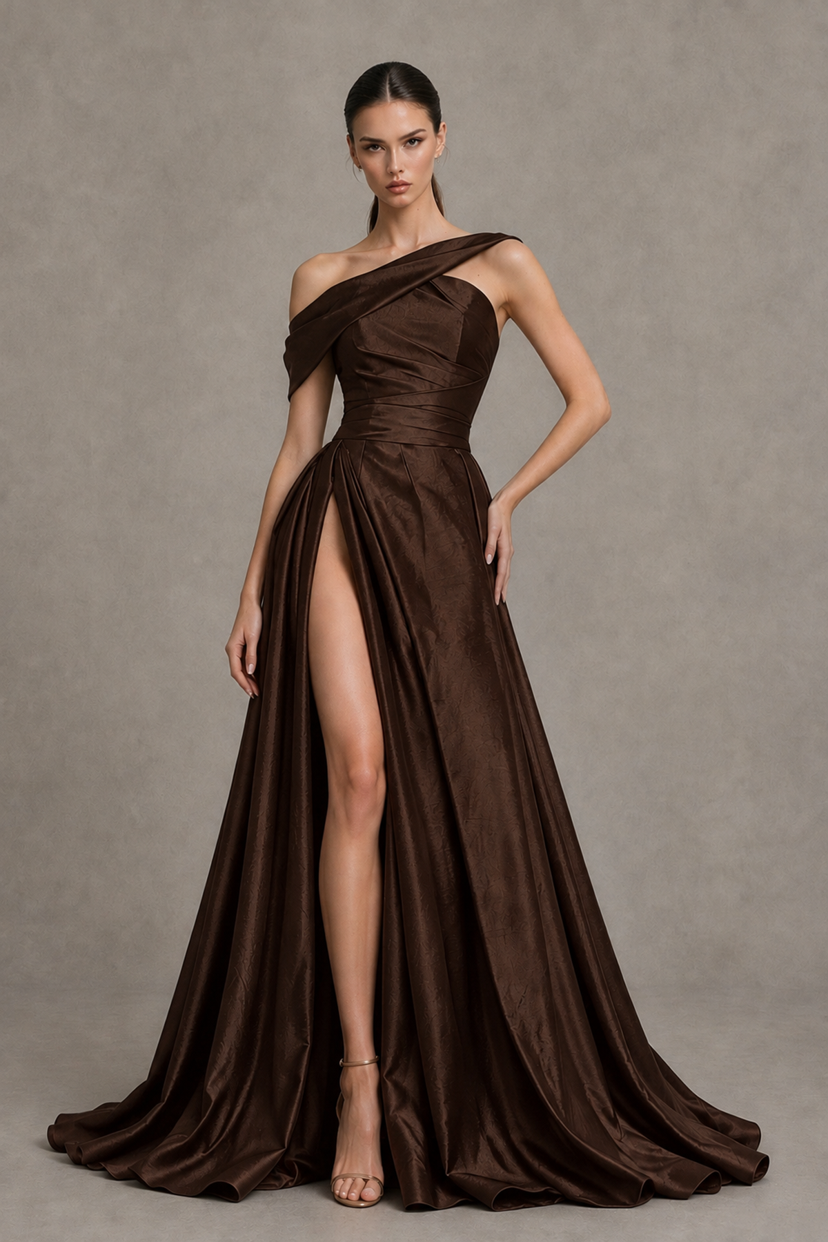 BOLODOO Chocolate Asymmetric Satin-Look A-Line Prom Dress with High Slit - Chocolate - Chocolate_1