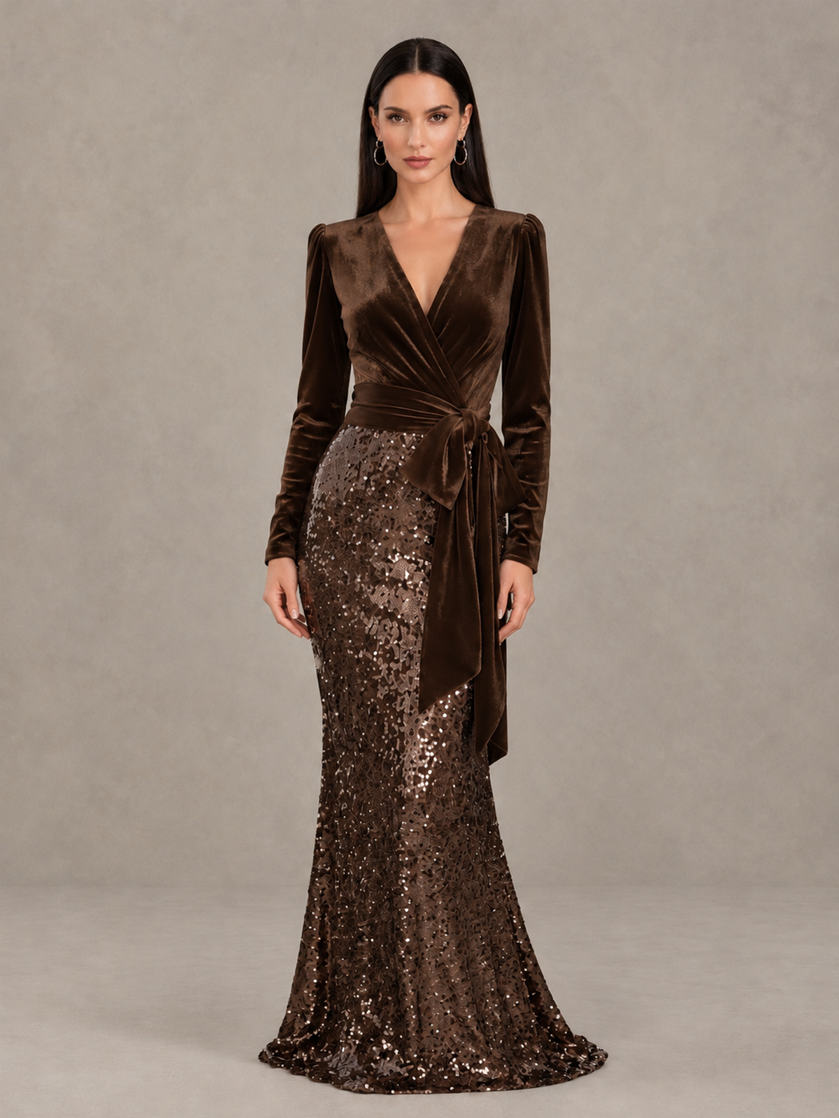 BOLODOO Chocolate Velvet & Sequin Long Sleeve V-Neck Mermaid Evening Gown - Chocolate - Chocolate_1