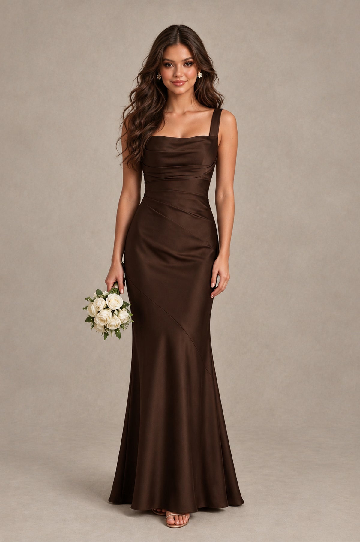 BOLODOO Chocolate Square Neck Ruched Satin Lace-Up Bridesmaid Dress - Chocolate - Chocolate_1