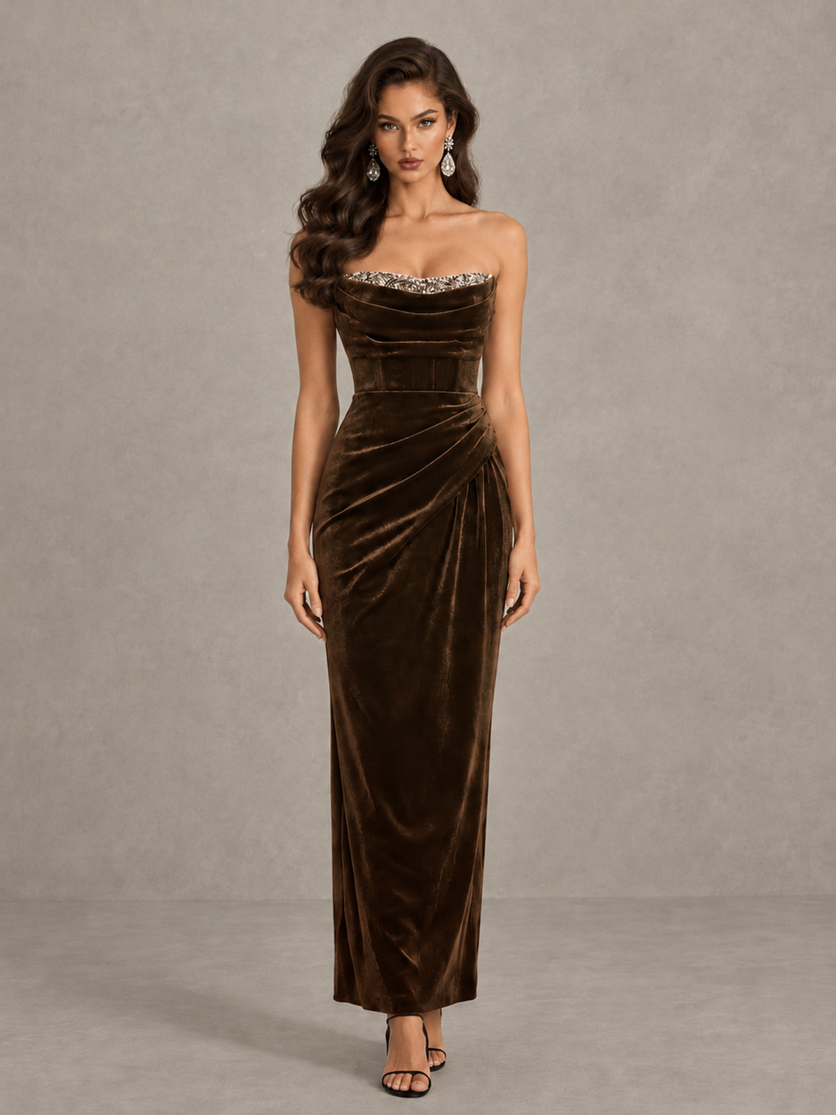 BOLODOO Chocolate Strapless Velvet Cocktail Maxi Dress - Chocolate - Chocolate_1