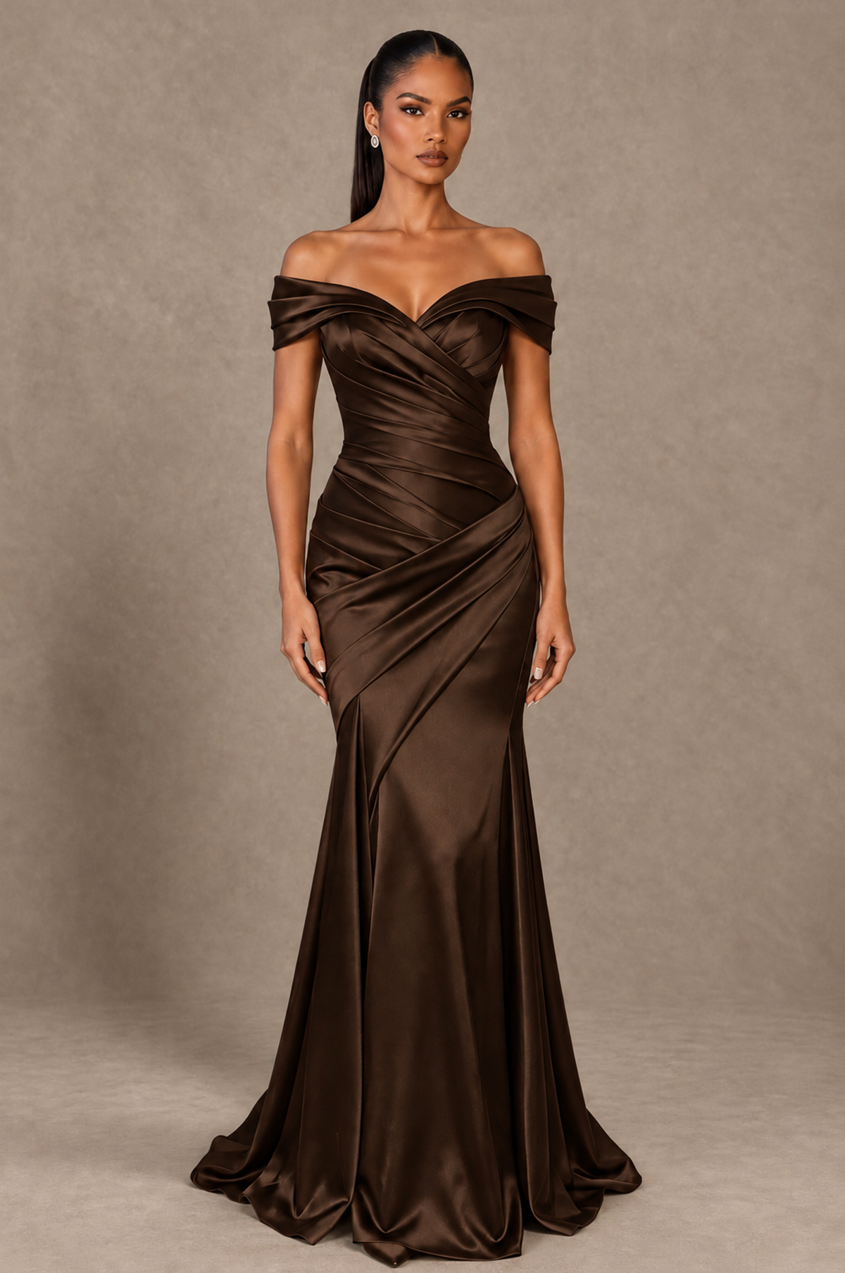 BOLODOO Chocolate Off-the-Shoulder Ruched Satin Mermaid Evening Dress - Chocolate - Chocolate_1