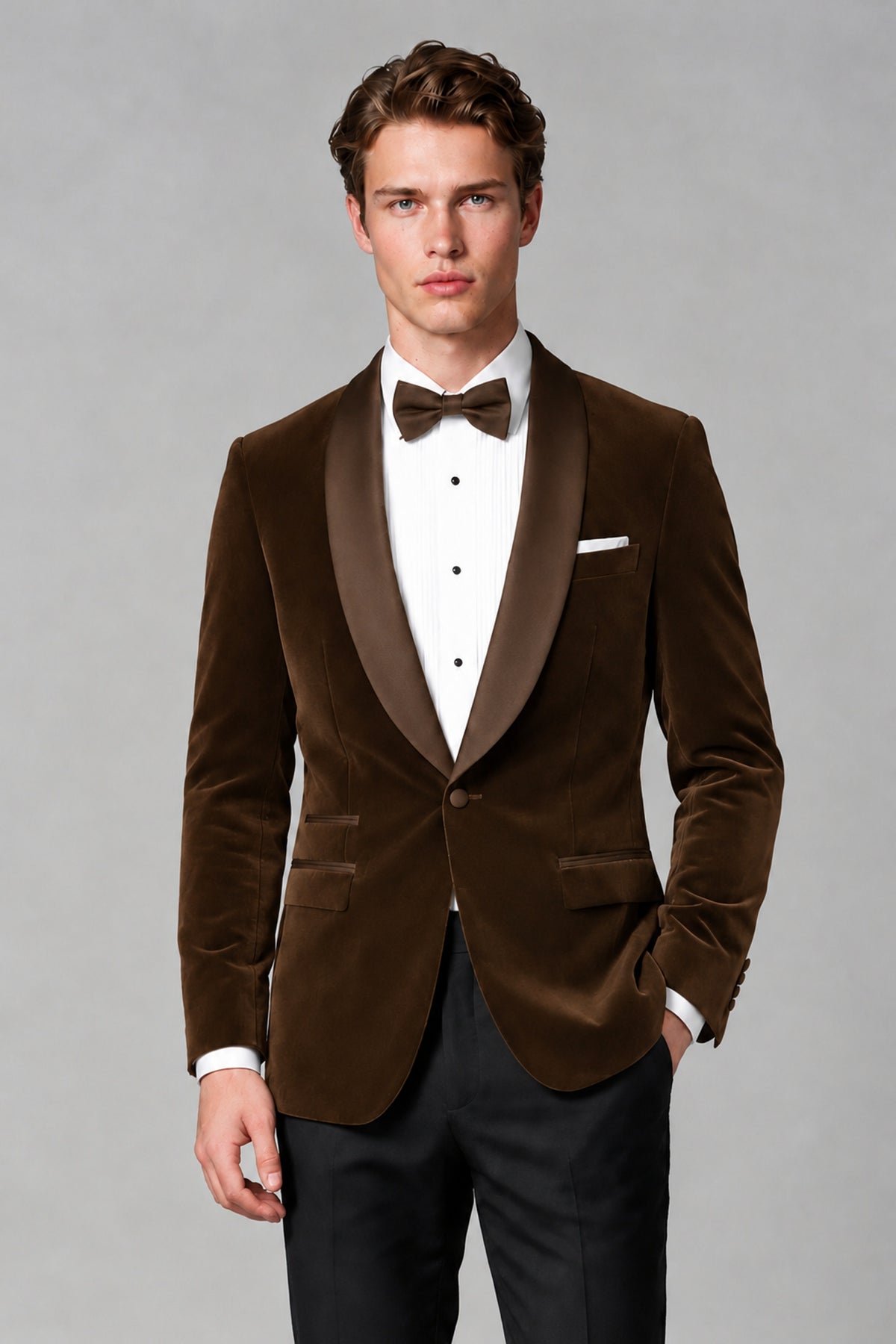 BOLODOO Men's Chocolate Velvet Blazer | Shawl Lapel Tuxedo Jacket - Chocolate - Chocolate_1