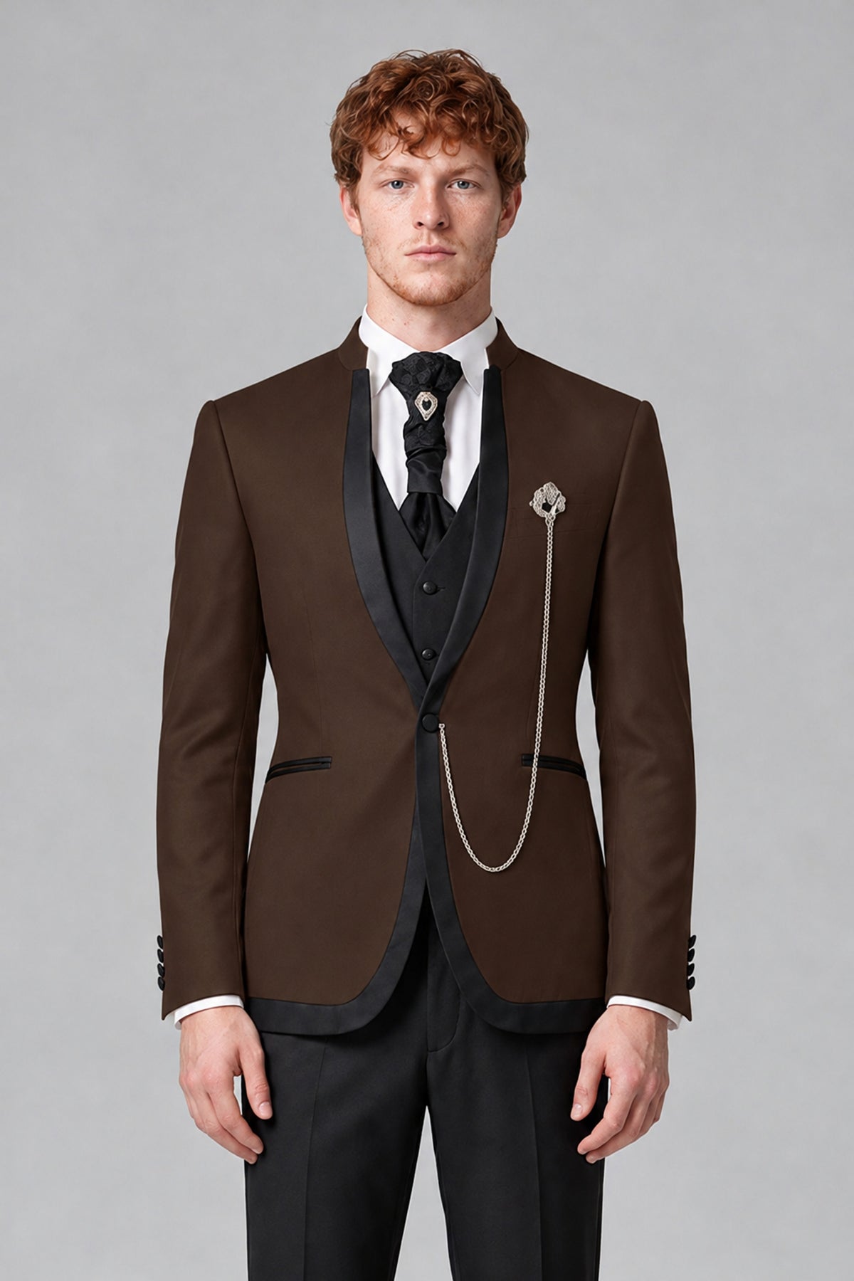 Bolodoo Men's Chocolate 3-Piece Shawl Lapel Tuxedo Suit with Vest - Chocolate - Chocolate_1