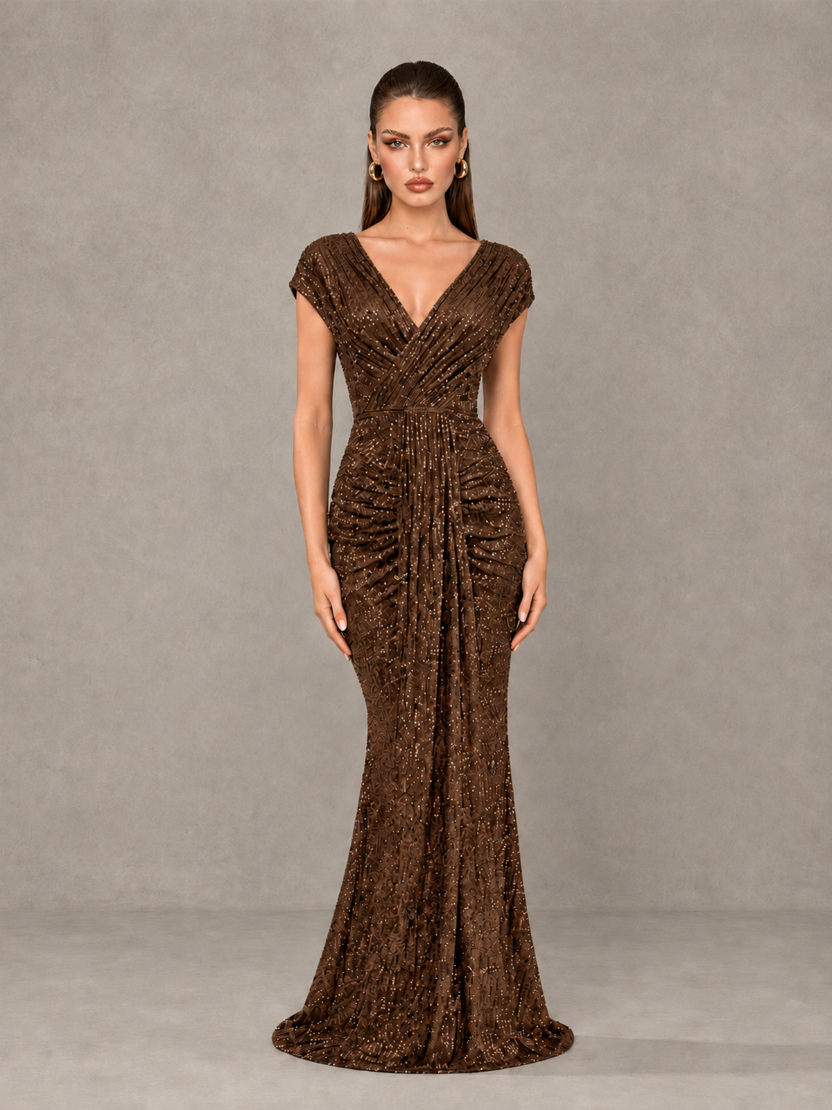 BOLODOO Chocolate Glitter V-Neck Cap Sleeve Ruched Mermaid Evening Gown - Chocolate - Chocolate_1